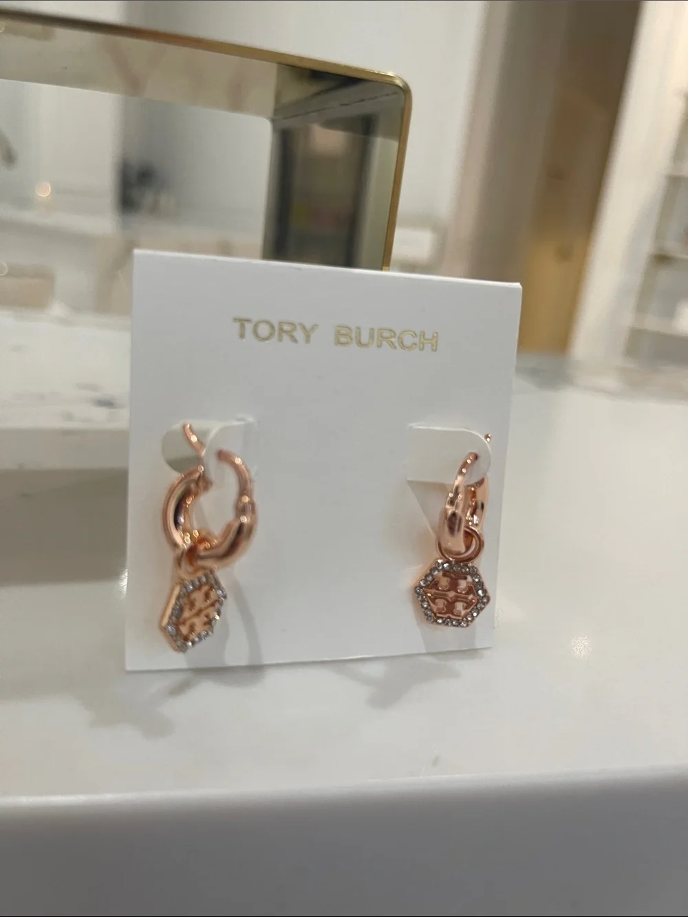 Tory Burch Rose Gold Double-Hoop Earrings with Logo Charm